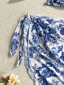 SHEIN 少女三件套蓝色碎花比基尼套装，细肩带，适合海滩度假游泳，春夏款 - 藍色 - 查看 5