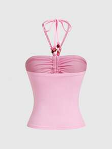 ROMWE Women's All-Match Versatile Halter Neck Beaded Decor Fitted Tank Top - Pink - View 3