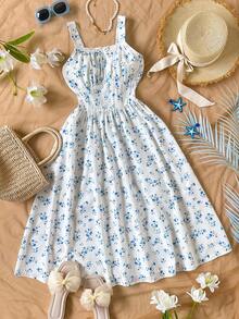 Teen Girls' White Pastel Floral Sundress,Square Neck Adjustable Spaghetti Straps Ruched Bodice Flowy Midi Skirt,Summer Vacation Wedding Guest Holiday - Multicolor - View 5