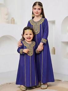 SHEIN Tween Girls' Casual Round Neck Long Sleeve Dress