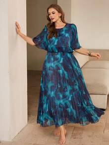 Roveilla 加大码蓝色连衣裙，褶皱梭织面料，长款多色随机印花，圆领七分袖泡泡袖，加大码连衣裙，女士加大码连衣裙，蓝色加大码连衣裙，褶皱连衣裙，加大码波西米亚风连衣裙 - 彩色 - 查看 5