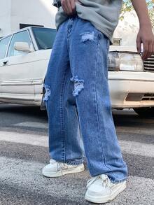 SHEIN Tween BoyBlue Distressed Loose Straight Leg Jeans - Blue - View 6