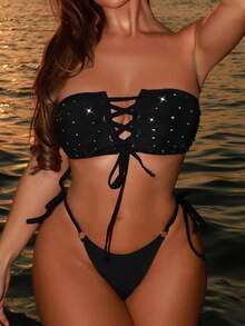 Bellisia 26SS 性感水钻装饰挂脖比基尼套装，适合海滩度假、派对 - 黑色 - 查看 6