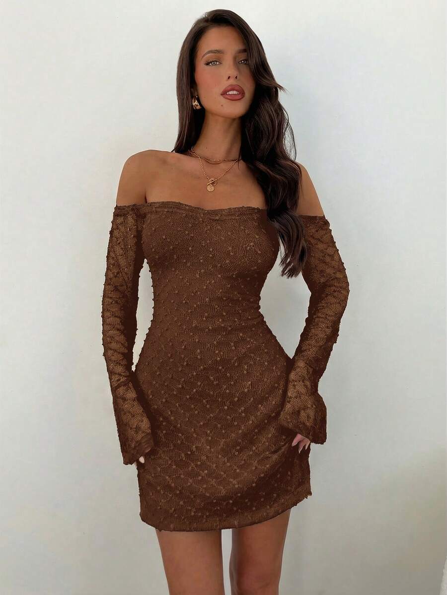 Aloruh Women's Solid Color Off-Shoulder Long Sleeve Fashionable Mini Dress - Brown - View 1
