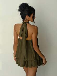 Aloruh Women's Elegant Light Yellow Halter Tie Mini Dress - Army Green - View 2