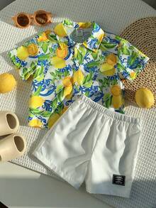 SHEIN 2pcs/Set Baby Boy Summer Casual Beach Holiday Cute Lemon Print Short Sleeve Shirt & Elastic Waist Shorts Set, Summer Vacation Outfit Boy Vacation Outfit Sets Baby Boy Beach Shirts Baby Hawaiian Shirt Toddler Boy Tropical Outfit Boy Summer Outfit Set - Multicolor - View 6