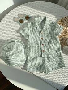 SHEIN 3件套男女宝宝可爱绿色条纹短袖衬衫套装，春夏宝宝服装，休闲假日装，复活节 - 綠色 - 查看 4