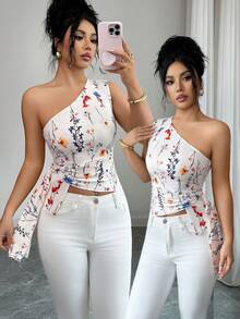 SHEIN Elenzya Áo kiểu dệt kim buộc dây họa tiết hoa nhí, vạt lệch, dành cho nữ. - Nhiều màu - Xem 1