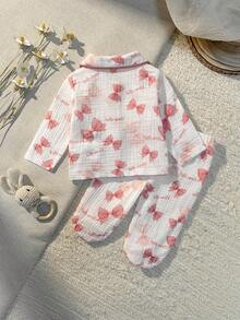 Loomiva Newborn Baby Girl Cartoon Bear Pattern Lapel Long Sleeve Cardigan Top And Elastic Waist Pants 2 Pieces Set - Multicolor - View 6