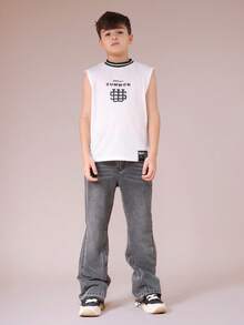 SUMWON Sleeveless Crew Neck Mesh Tank Top With Striped Collar Detail And Printed Logo Design For Summer Casual - White - View 3