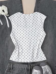 SHEIN 少女黑白波点印花褶皱针织休闲百搭T恤，春夏款