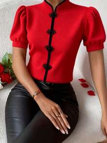 Rafferiza Áo len nữ kiểu Trung Quốc màu đỏ cổ tàu tay phồng dáng rộng, mang đến không khí lễ hội. - Đỏ - Xem 6