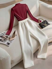 Franclia 女士纯色圆领长袖T恤和褶皱长裤休闲两件套 - 彩色 - 查看 2