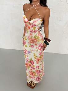 SHEIN PETITE 女士印花露背吊带收腰优雅长裙，适合派对和各种活动 - 粉色 - 查看 7