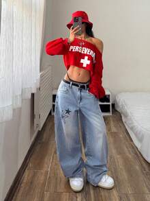 StreetHx 女士时尚休闲街头风星形印花阔腿牛仔裤 - 淺色水洗藍 - 查看 5