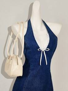 SHEIN MOD Women's Casual Halter Neck Mini Bodycon Denim Dress, Blue - Dark Wash - View 3