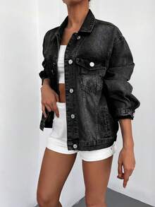 Cottnline 98%Cotton Flap Pocket Ripped Drop Shoulder Denim Jacket Women Jean Jacket Jean Shirt Oversized Jean Jacket - Black - View 3