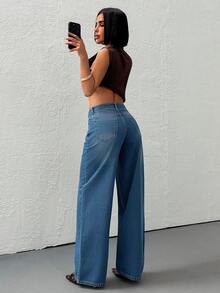EURMUSE Casual Versatile Commuting Washed Low-Waist Wide-Leg Jeans - Medium Wash - View 2