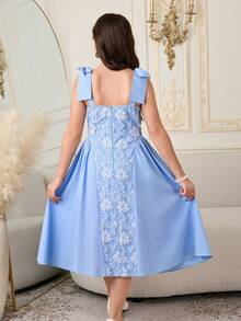 SHEIN 1件女童优雅花卉提花吊带可拆卸蝴蝶结装饰修身拉链后背连衣裙，适合日常穿着、聚会、派对、正式场合 - 藍色 - 查看 2