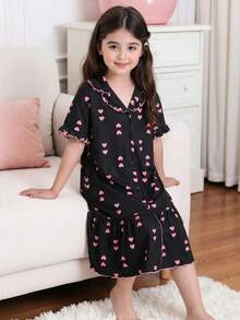 SHEIN Tween Girl Loose Casual Collared Heart Print Short Sleeve Ruffle Hem Loungewear - Multicolor - View 5