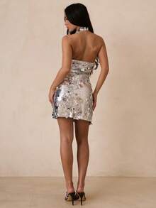 SHEIN Glamour Women's Silver Sequin Mini Dress,Halter Hollow Out Disco Party Night Out Dress,70s Bling Summer Fashionable Club Wedding Birthday Outfit - Silver - View 3