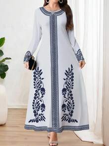 Al Najma Vestido largo de manga larga con cuello en V azul, elegante y de talla grande, con estampado floral, adecuado para citas, vacaciones, uso diario, casual, fiestas, festivales. Vestido largo de otoño/invierno para damas, vestido fluido, vestido maxi floral/vestido vintage, vestido con estampado botánico, vestido azul - Celeste - Ver 4