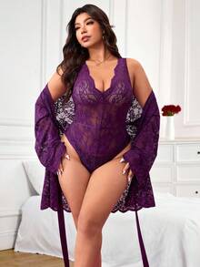 Enliva Plus Size Women's Sheer Lace Bodysuit And Long Sleeve Jacket Set,Purple,Autumn,Elegant,Wedding, Two Pieces Valentine's Day Gift For Rounded Body - Purple - View 5