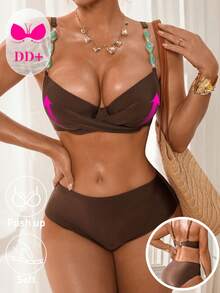 Swim DD+ Women's Sexy Underwire Push-Up DD+ Cup Bikini Set, Made Of Shiny Nylon Fabric With Resin Green Gemstone Strap, Suitable For Spring/Summer - Brown - View 1