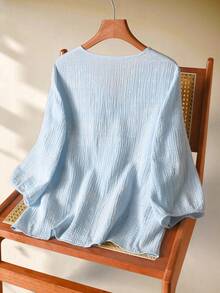 Rusticease Women's Casual Blue Cotton Spring Top 100% Pure Cotton Light Blue Notch Neck Long-Sleeved Top Summer For Women Spring Women Spring Top Elegant Women's Blouses Elegant Blouses For Ladies Vacations Women Casual Blouse For Women Lantern Sleeve Blouse Light Blue Blouse Cotton Top Women Summer Cotton Blouse Loose Fit Blouse - Baby Blue - View 2