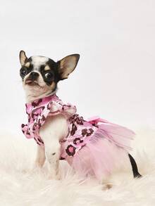 PETSIN 1pc Velvet Leopard Splice Tulle Ruffle Collar Dog Dress For Dogs, Fashion Pet Apparel