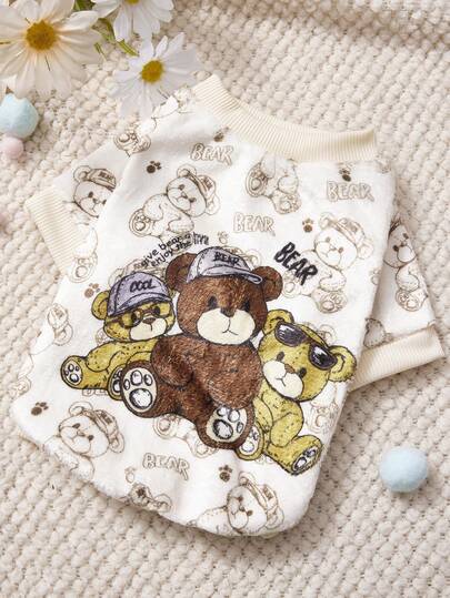 PETSIN 1 Cool Printed Three Teddy Bear Flannel Sweatshirt, Thick And Warm For Pets In Autumn And Winter