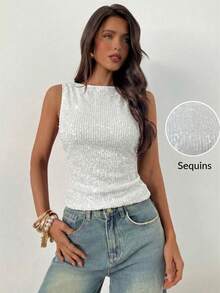 Aloruh Áo tank top ôm sát không tay cổ tròn đính sequin dành cho nữ, thích hợp cho các bữa tiệc, Giáng sinh, Năm mới. - trắng - Xem 4