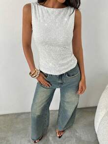 Aloruh Áo tank top ôm sát không tay cổ tròn đính sequin dành cho nữ, thích hợp cho các bữa tiệc, Giáng sinh, Năm mới. - trắng - Xem 6