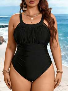 Swim Lushoire Áo tắm liền thân cỡ lớn, vải đen trơn phối lưới, phong cách tối giản và thanh lịch kiểu châu Âu. - màu đen - Xem 6