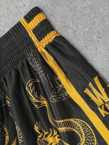 PAVTROS Manfinity Streetrush 男士短裤套装，弹力腰带，高弹力，高腰短裤版型，超短裤，光泽面料，黑白龙虎图案，泰式拳击短裤，运动休闲篮球短裤，侧开衩，ins 热门单品，适合年轻休闲运动日常通勤和度假穿着，送给男友和老公的首选礼物，情侣装 - 深灰色 - 查看 6