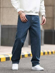 Manfinity Homme 男士休闲日常纹理斜插口袋直筒牛仔裤 男士蓝色图案牛仔裤 - 藍色 - 查看 4