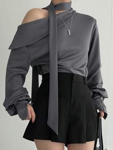 DAZY Solid Asymmetrical Neck Drop Shoulder Blouse With Tie,Long Sleeve Tops - Grey - View 3