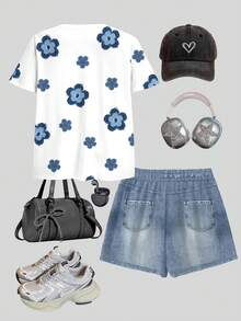 Bộ đồ gồm áo thun ngắn tay cổ tròn in họa tiết hoa cổ điển và quần short, thích hợp cho các bạn nữ tuổi teen mặc hàng ngày, mặc ở nhà, đi học, mùa xuân và mùa hè. - Nhiều màu - Xem 2