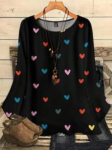 EMERY ROSE 大码女式休闲浪漫全心印花宽松圆领七分袖衬衫，红色，适合情人节，情人节礼物 - 彩色 - 查看 9