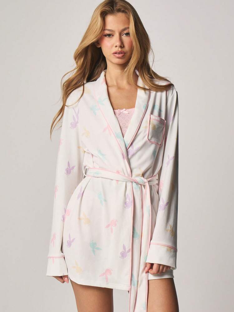 Missguided x Playboy Pastel Butterfly Print Pajama Robe With Belt And Collar Long Sleeve Sleepwear For Spring Summer