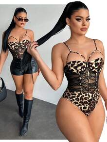 SHEIN SXY Women's Leopard Print Lace Sexy Sheer Bodysuit, Leather Shorts, Leopard Print Top, Sexy Outfit, Leopard Bodysuit, Leather Set,Valentine's Day,Going Out, Sexy Bodysuit, Leopard Print Bodysuit, Mesh Bodysuit, Women Bodysuits - Multicolor - View 1