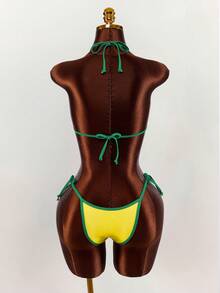 Amplova 3pcs Women's Swimsuit Set, Yellow-Green Contrast Brazilian Pattern Print, Including Camisole Top, Suitable For Party, Date, Vacation - Multicolor - View 6