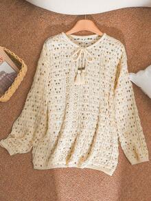 CosyJoli Plus Size Elegant French Hollow-Out Casual Loose Vacation Loose Knit Top, Spring/Summer - Beige - View 6