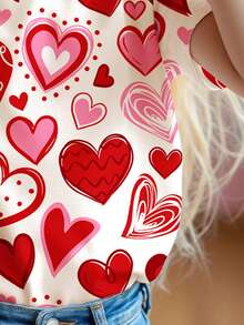 SHEIN Süßes und niedliches Mädchen Rosa Herz Grafik T-Shirt, lässiges minimalistisches Kurzarm Rundhals T-Shirt, geeignet für Frühling & Sommer Alltag, stilvoller Mädchen Lässig Outfit, süße Herz Grafik Kleidung, neuer Stil, Homecoming, Valentinstag Stimmung