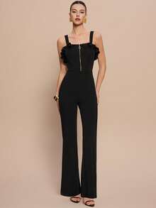Leighera Bộ jumpsuit đen ôm sát người, trang trí khóa kéo, viền bèo nhún thanh lịch. - màu đen - Xem 3