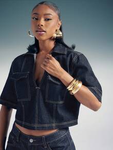 Denimoi Women's Short Sleeve Utility Pocket Loose Casual Denim Blouse - Dark Wash - View 1