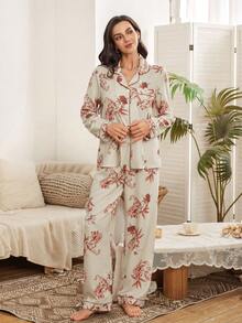 Serenescape Vacation Style Women Floral Print Bubble Collar Cardigan Long Sleeve Pajama Set - Apricot - View 5