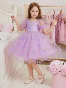 Glamorique Kids 可爱女童紫色心形领口网纱花卉刺绣中长派对连衣裙，泡泡袖拉链设计，女童公主裙，夏季新款SS26时尚，柔软舒适，连衣裙，优雅高贵的刺绣连衣裙，奢华派对礼服，适合表演和特殊场合，花童，小公主裙，白色底绿色叶子粉色花朵刺绣网纱，白色薄纱，泡泡袖，生日派对，婚礼庆典，花卉图案 - 紫色 - 查看 8