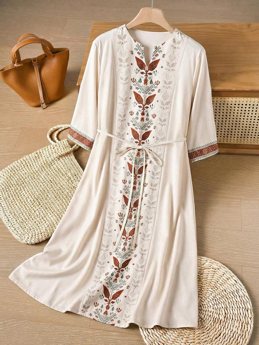 Rusticease 女士休闲宽松度假植物印花V领连衣裙 - 彩色 - 查看 1