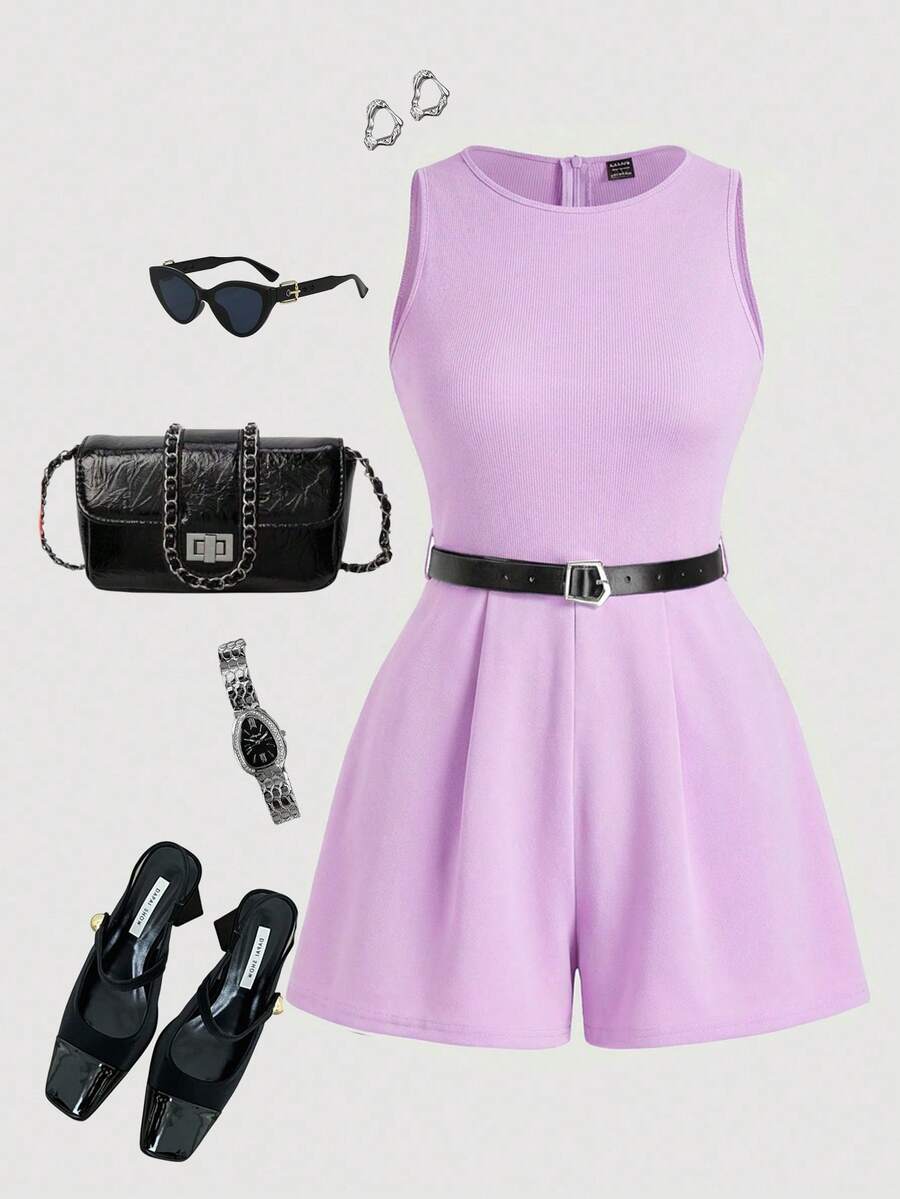 SHEIN MOD Bộ áo liền quần hai dây kiểu vintage thập niên 70 dành cho nữ cỡ lớn, kèm thắt lưng tặng kèm - Hoàn hảo cho phong cách quý tộc cổ điển, trang phục đi làm, phong cách sinh viên, trang phục thường ngày, trang phục miền Tây, trang phục công sở và trang phục sân bay. - Màu tím - Xem 1